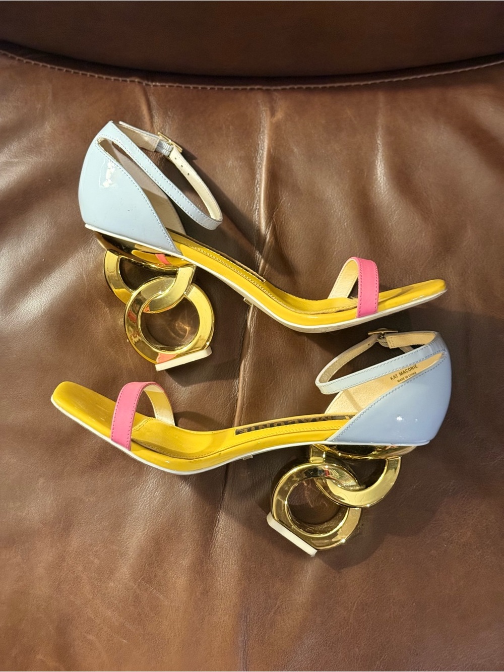 Kat Maconie Multi Color Leather Square Toe Ankle Strap Heels